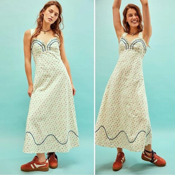 Free People Dainty Western Prairie Sweet Hearts Midi Dress in Ivory Combo Medium - Picture 4 of 16